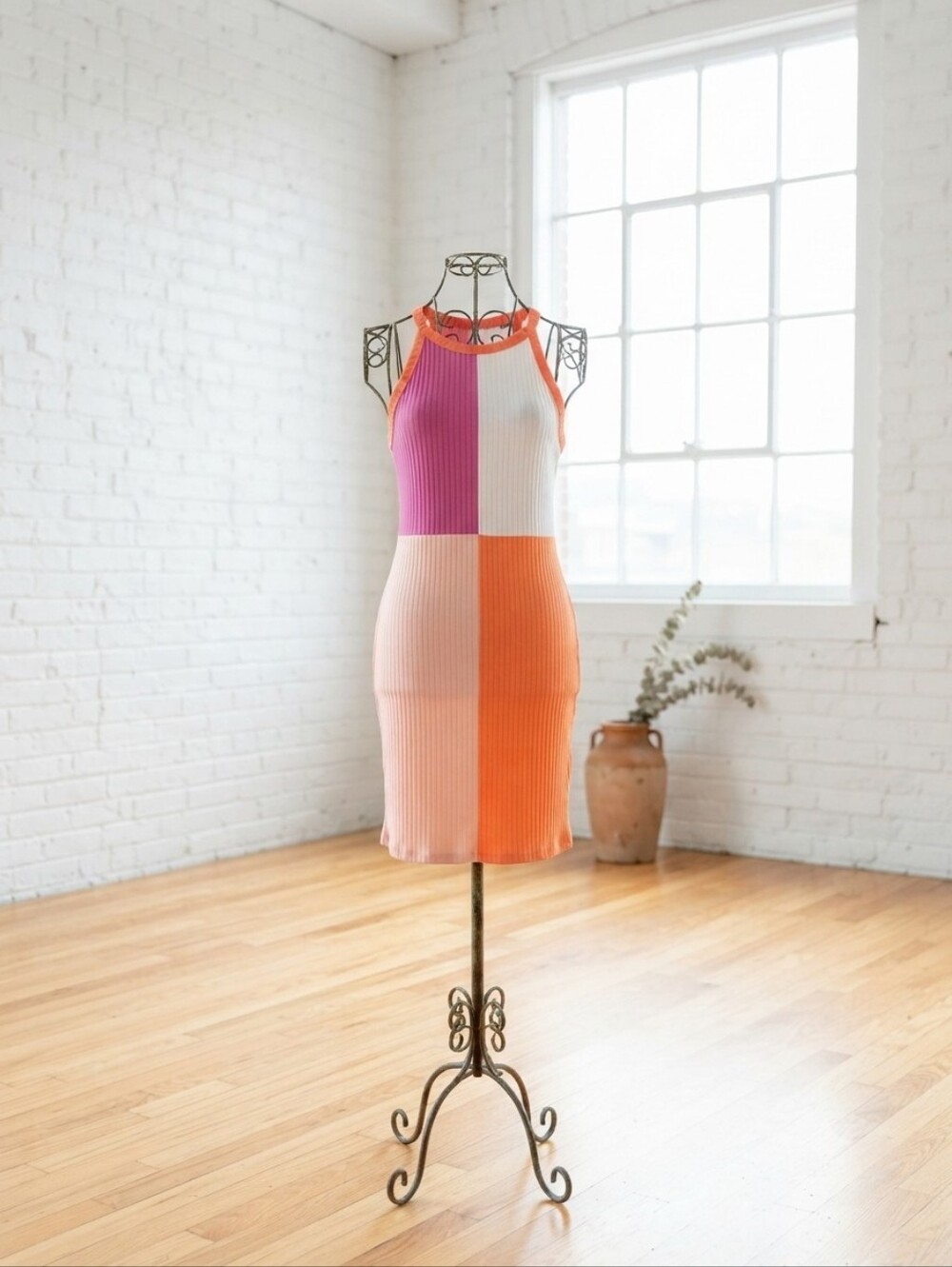 Colorblock Ribbed Halter Mini Dress in Pink, Orange & Cream